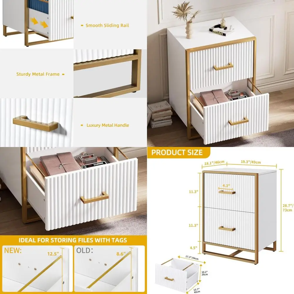 Vertical 2-Drawer Modern File Cabinet with Printer Stand, Home Office Storage in Gold and White