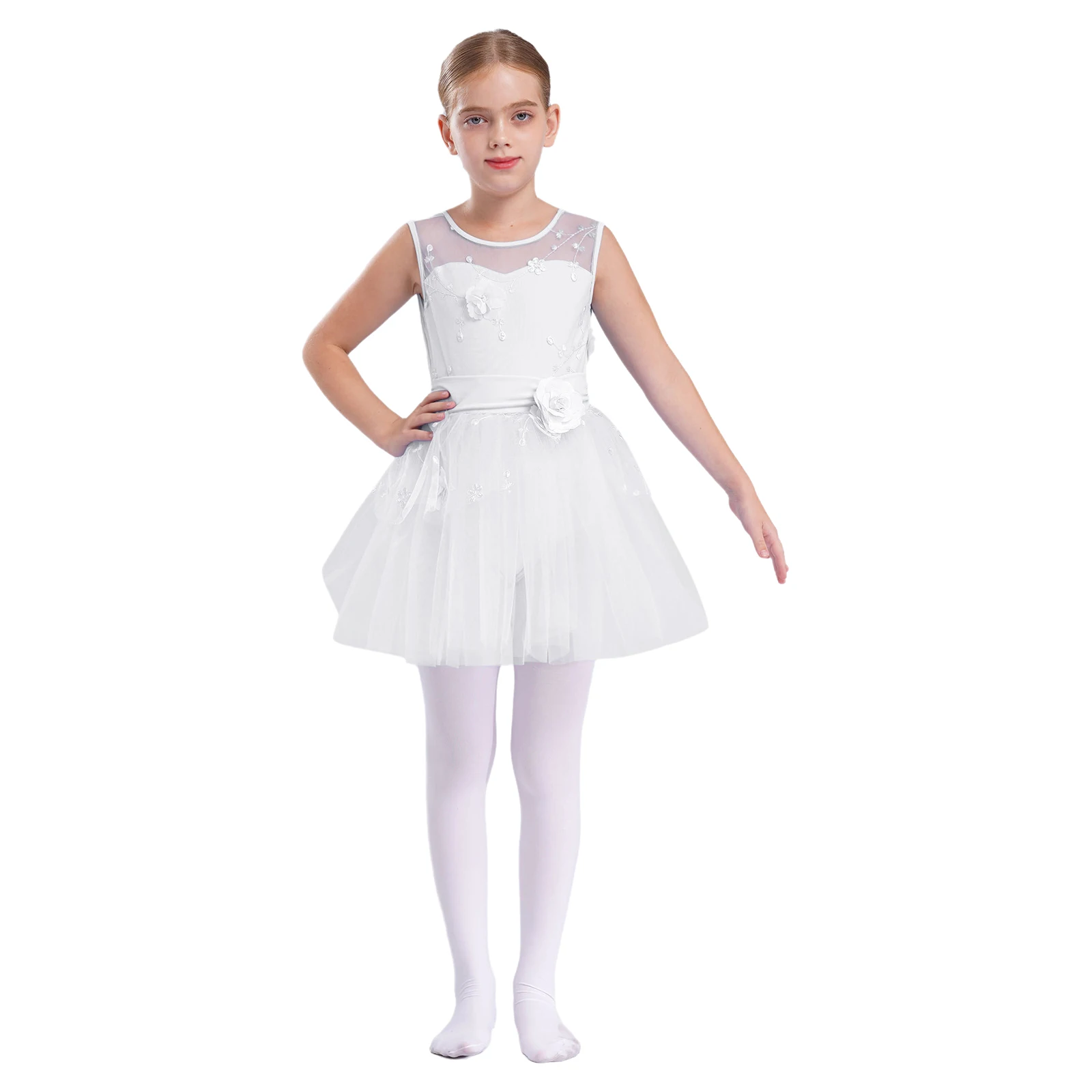 

Kids Girls Ballet Swan Dance Tutu Dresses Birthday Party Stage Performance Costume Sleeveless V-Back Applique Embroidered Dress