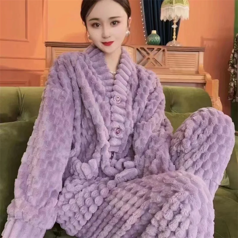 Fat Plus Size Women's Flannel Cardigan Home Fur Solid Color Loose Coral Velvet Pajama Set Autumn/Winter Pants Two Piece Suit Red