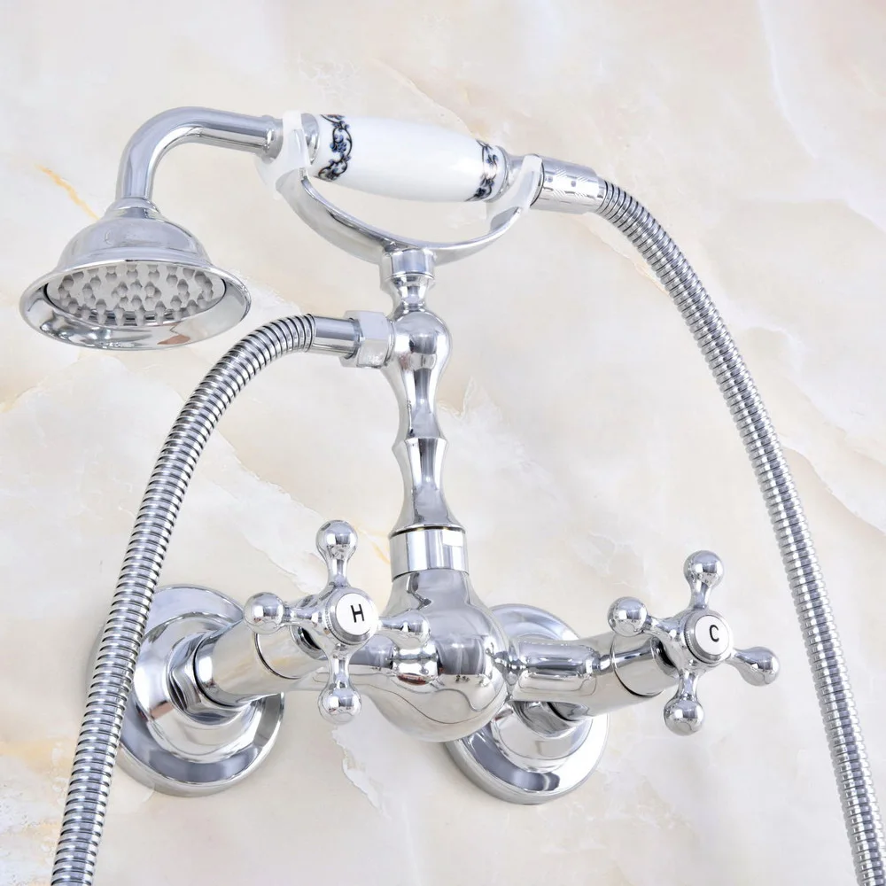 

Modern Silver Chrome Brass Two Lever/Hole Wall Mount Bathtub Faucet with Handheld Shower Set +1500MM Hose Mixer Tap 2tf827