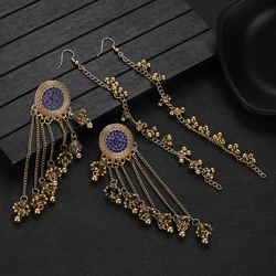 2024 Retro Long Tassel Earrings Women Gold Color Female Round Crystal Chain Bell Drop Earrings Indian Jewelry Accessories Gift