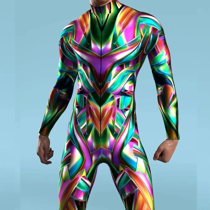 2025年新作 3Dプリント ホリデーパーティー メンズ コスプレコスチューム 伸縮性ボディスーツ ロンパース キッズ サイバーパンク レインボー ジャンプスーツ ウェア ワンピース ハル