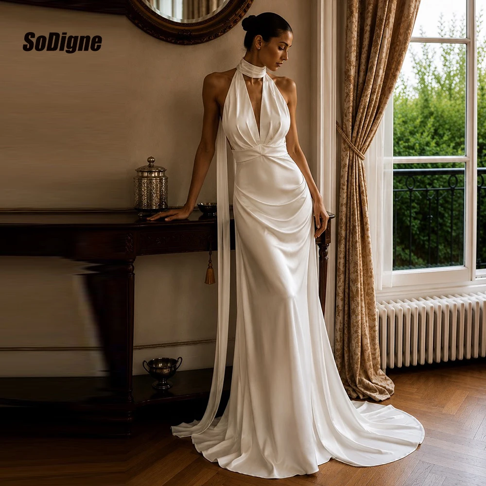  SoDigne Mermaid Simple Satin Wedding Dresses Sleeveless Halter Bridal Dress Beach Long Bride Gown Vestidos De Novia Customized