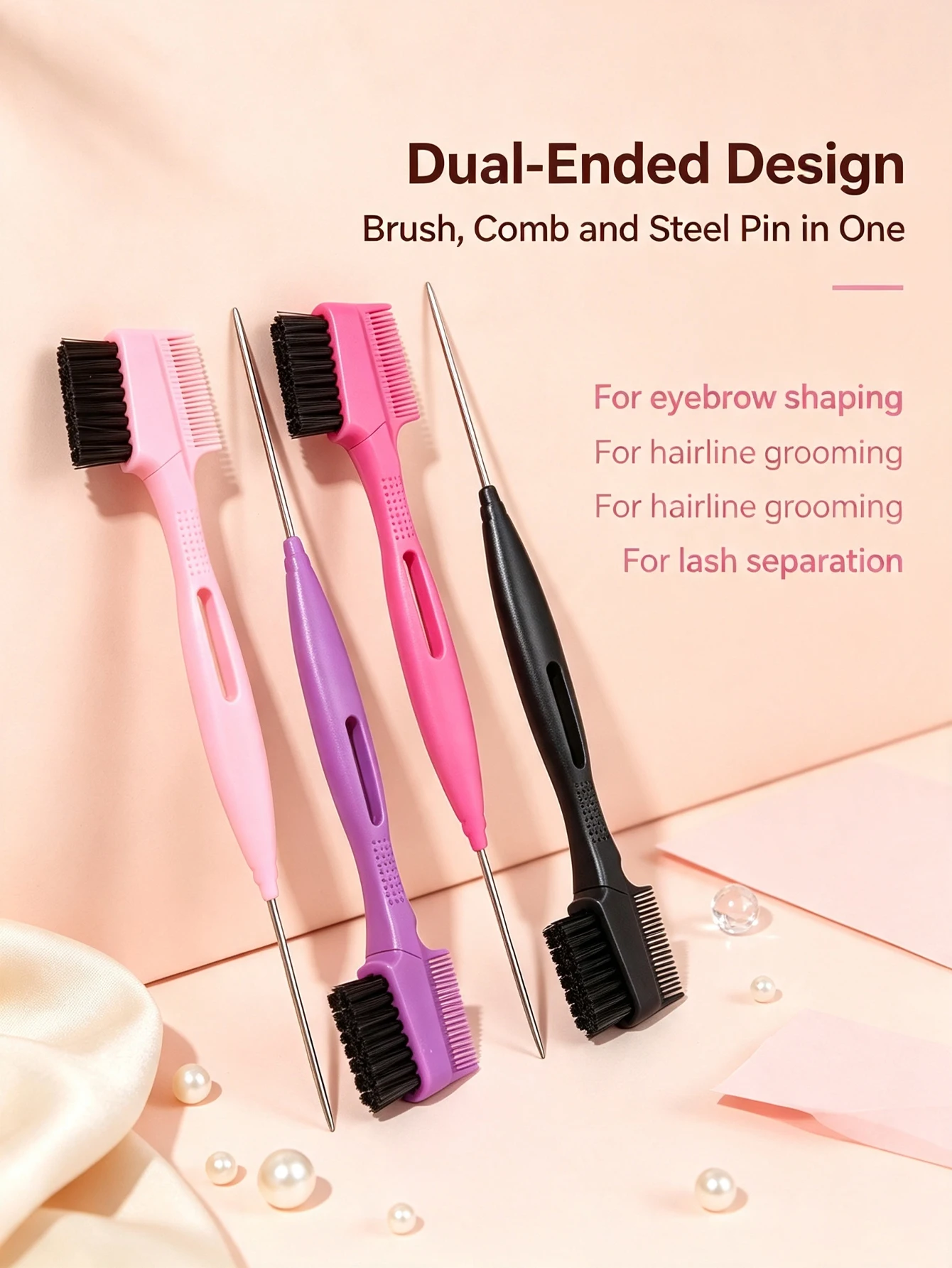 3-Piece Set: Professional Double-Ended Edge Grooming Brush + Steel Needle Tail Comb, 3-in-1 Eyebrow Brush and Hair Styling Tool, for Precise Hair Separation and Styling, Portable for Home, Salon, Travel, and On-The-Go Makeup Touch-Ups