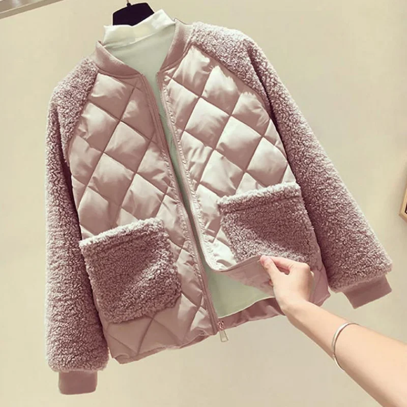 Women Baseball Padded Jacket 2024 New Autum Winter Light Down Cotton Jacket Female Short Outerwear Fashion Loose Lamb Wool Coat