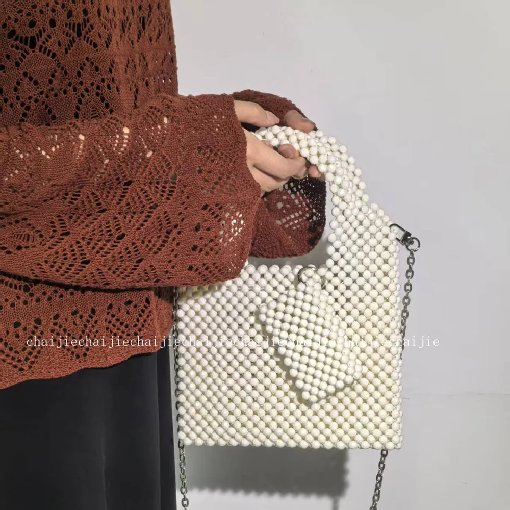 New Women's Handmade Woven Bead Chain Crossbody Bags for Woman Fashionable Casual Handbag Solid Color Mother Child Card Bag