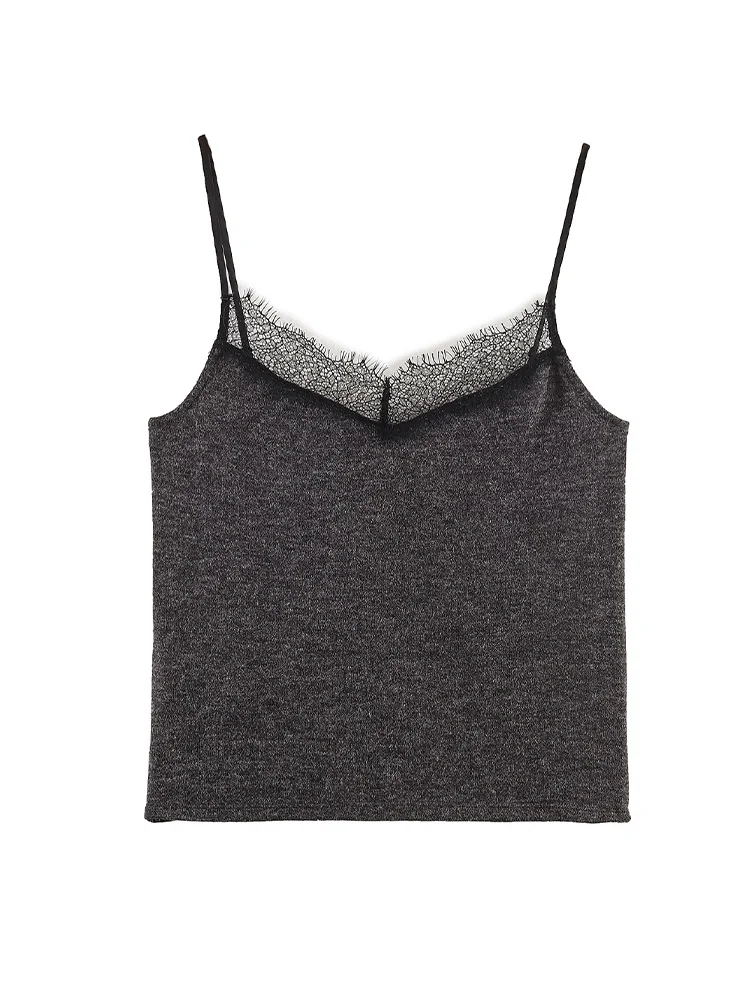 HH Woman Elegant Party V-Neck Lace Decoration Solid Short Sling Top Summer Sexy Sleeveless Backless Leisure 2-Color Tops