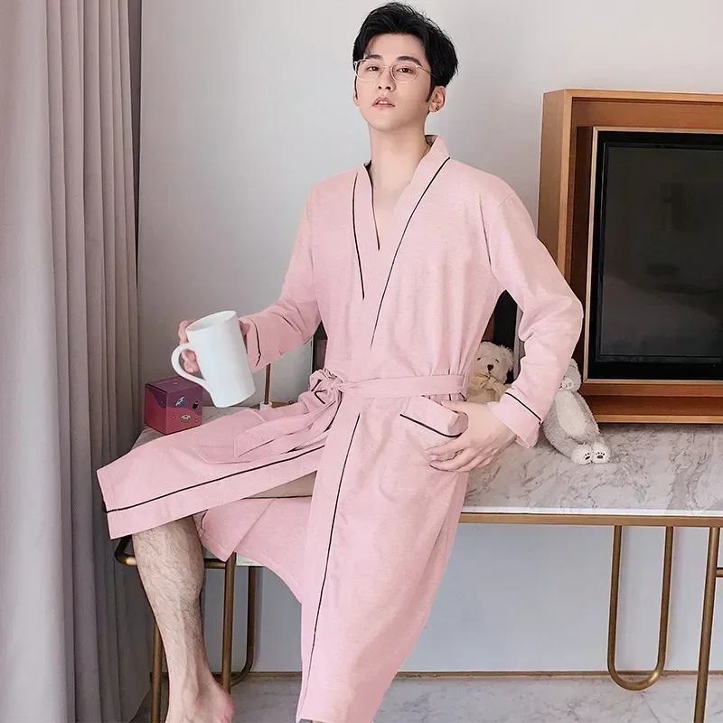 Además, bata cómoda de talla 3XL, ropa de dormir para hombre, albornoz informal con cuello en V, ropa de dormir gris de algodón para otoño y primavera para hombre