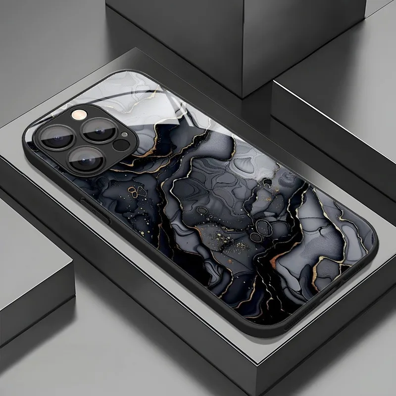

Black Marble Pattern Tempered Glass Black Phone Case For iPhone 17 16 15 14 13 12 11 Pro Max 17 Air 7 8 Plus XS X XR Cover