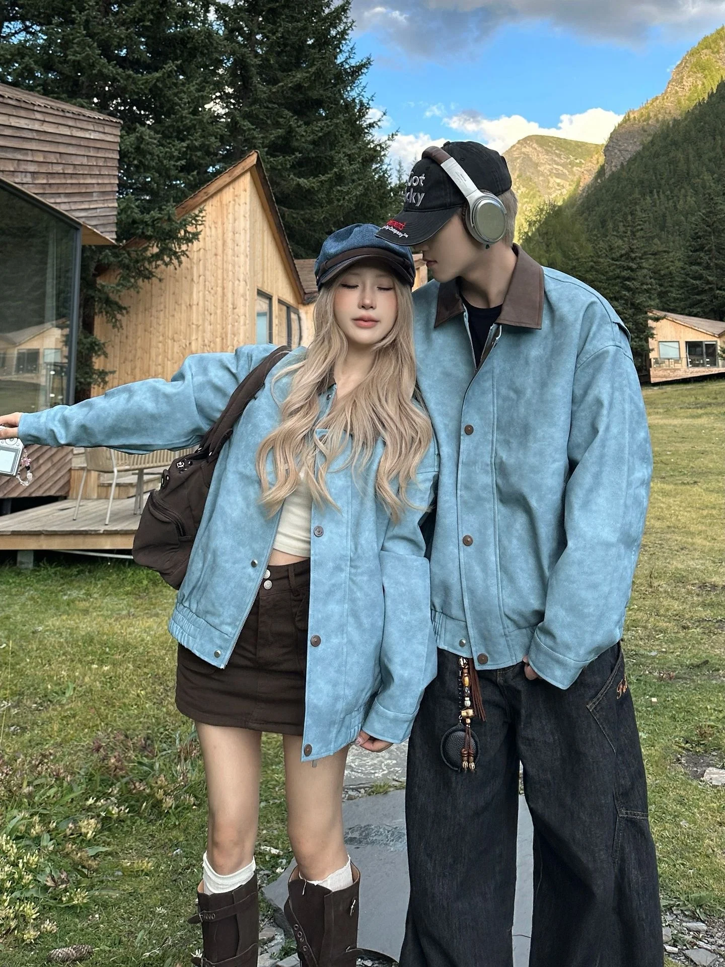 

Retro American Contrast Color PU Leather Jaet Men's Loose Fit Collar Autumn Winter Trendy High-End Cool Couples Jaet