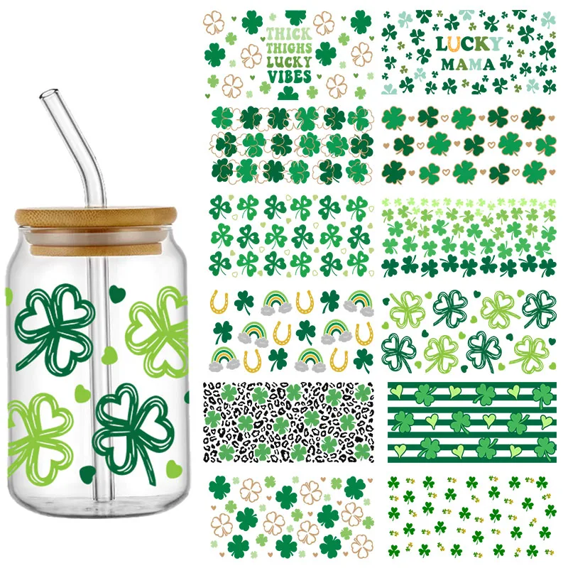 Green Four Leaf Clover Lucky UV DTF Cup Wraps Transfer Sticker For16OZ Glass Libbey Can Bottle Selfadhesive Washable DIY Custom