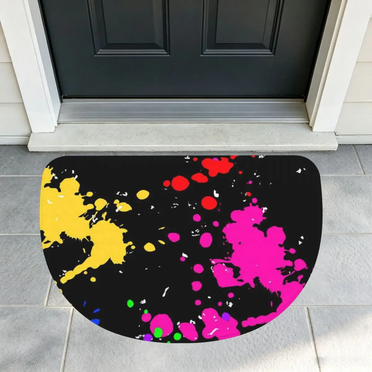Colorful Graffiti Splatter Print Soft Flannel Half Round Doormat Non Slip Bathroom Mat Absorbent Floor Carpet for Garage