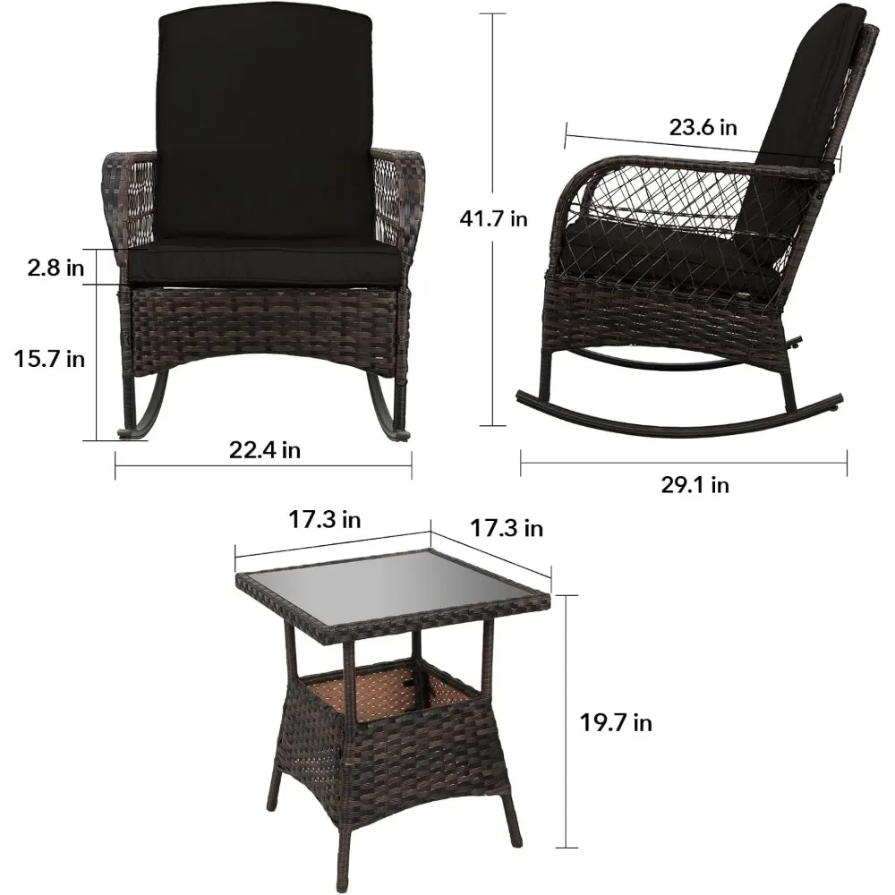 3 Pcs Rocking Bistro Set Conversation Chairs PE Wicker Outdoor Rocking Chairs Garden Furniture Sets Outdoor Furniture