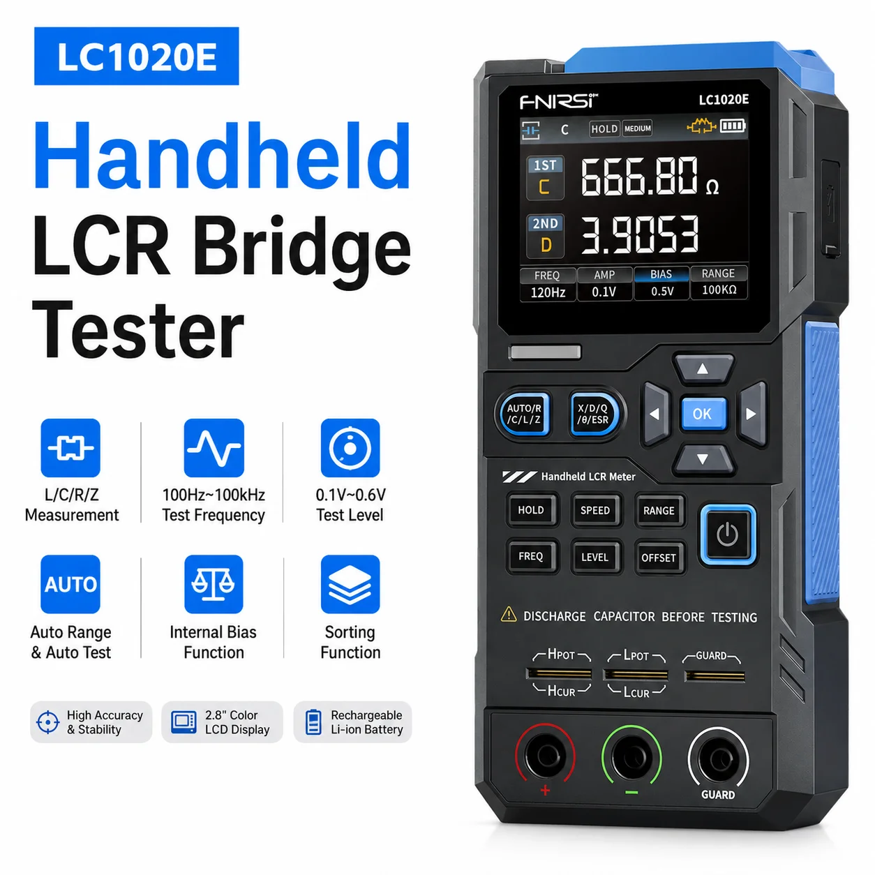 FNIRSI LC1020E LCR Meter 100kHz 0.3% Accuracy 4.5Digit Handheld ESR Bridge 4-Wire Kelvin for Capacitor Inductor Resistor Lab