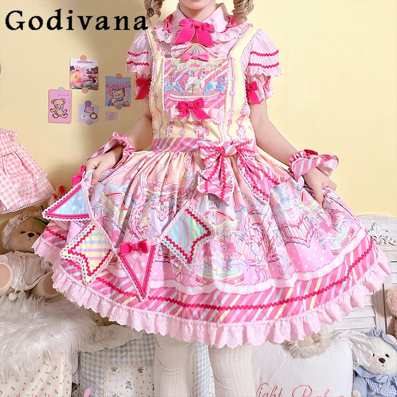 الحلو لوليتا فساتين JSK الفتيات لطيف Kawaii القوس الكرتون المطبوعة المرقعة سليم الكرة ثوب فستان صغير الصيف Y2k فستان بحزام #2