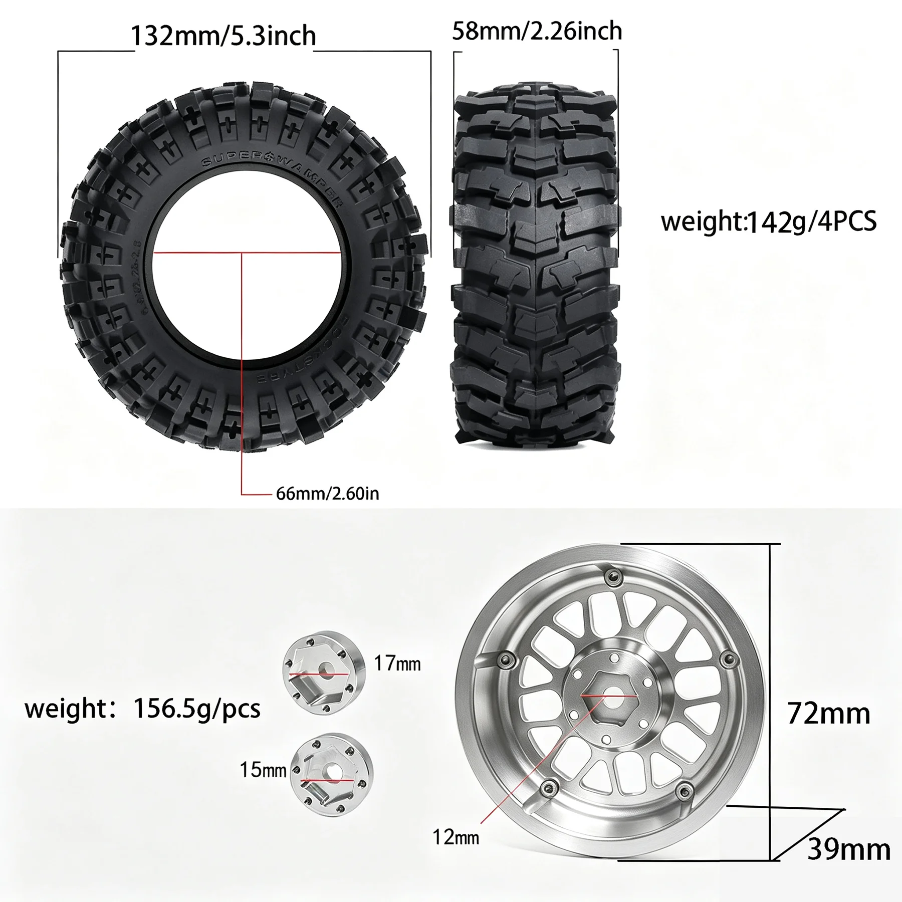 RED SPIDER 4Pcs 2.6 In 132mm RC Rock Crawler Tire Wheel Set+Metal Beadlock Wheels for 1/7 1/8 RC Truck TRX‑6 YK6101 Replacement