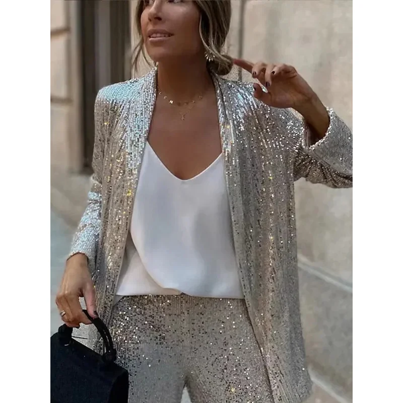 Elegant women's pants sets sequin 2024 fall winter long sleeve lapel casual all-match tops full pant office lady 2 pieces sets