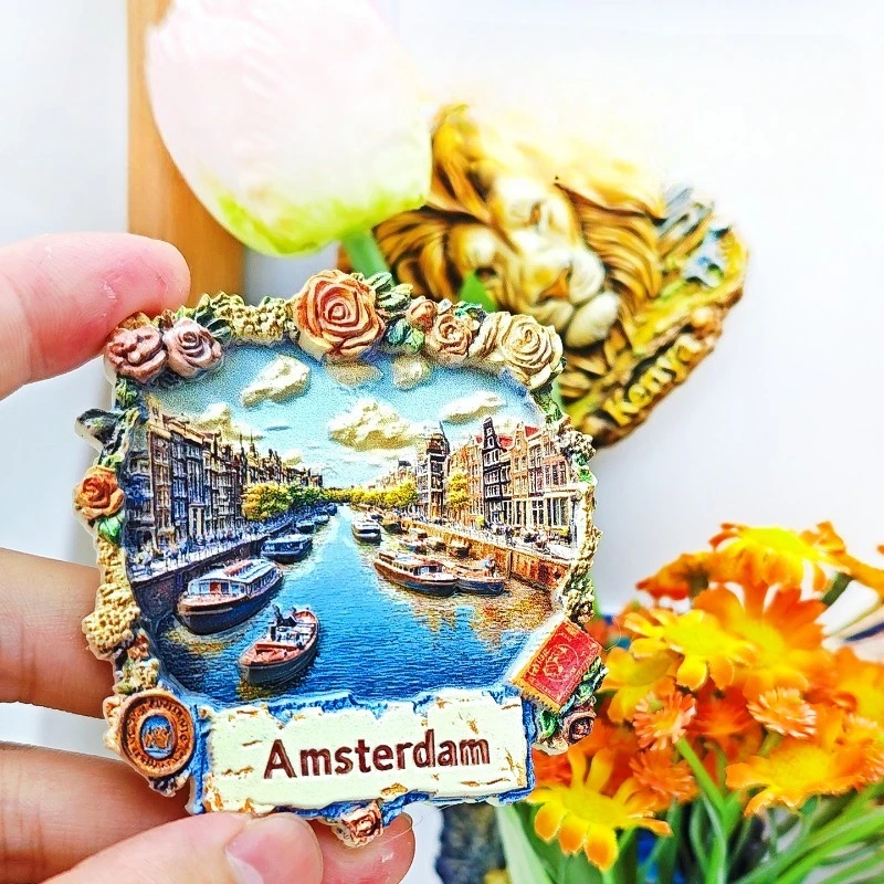 Amsterdam Canal Fridge Magnet - Picturesque 3D Boat & Lace Souvenir Unique Dutch Heritage Gift for Travel & European Home Decor