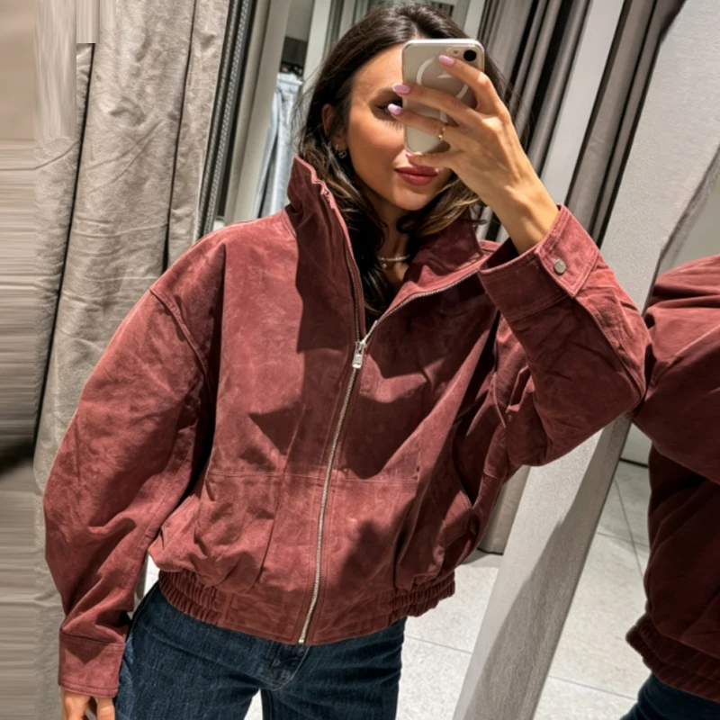 HXAO Damen-Bomberjacke aus Kunstwildleder in Burgunderrot, Herbst, lässig, Oversized, mit Reißverschluss, Stehkragen, langärmelig, schicke Oberbekleidung – Detail 6
