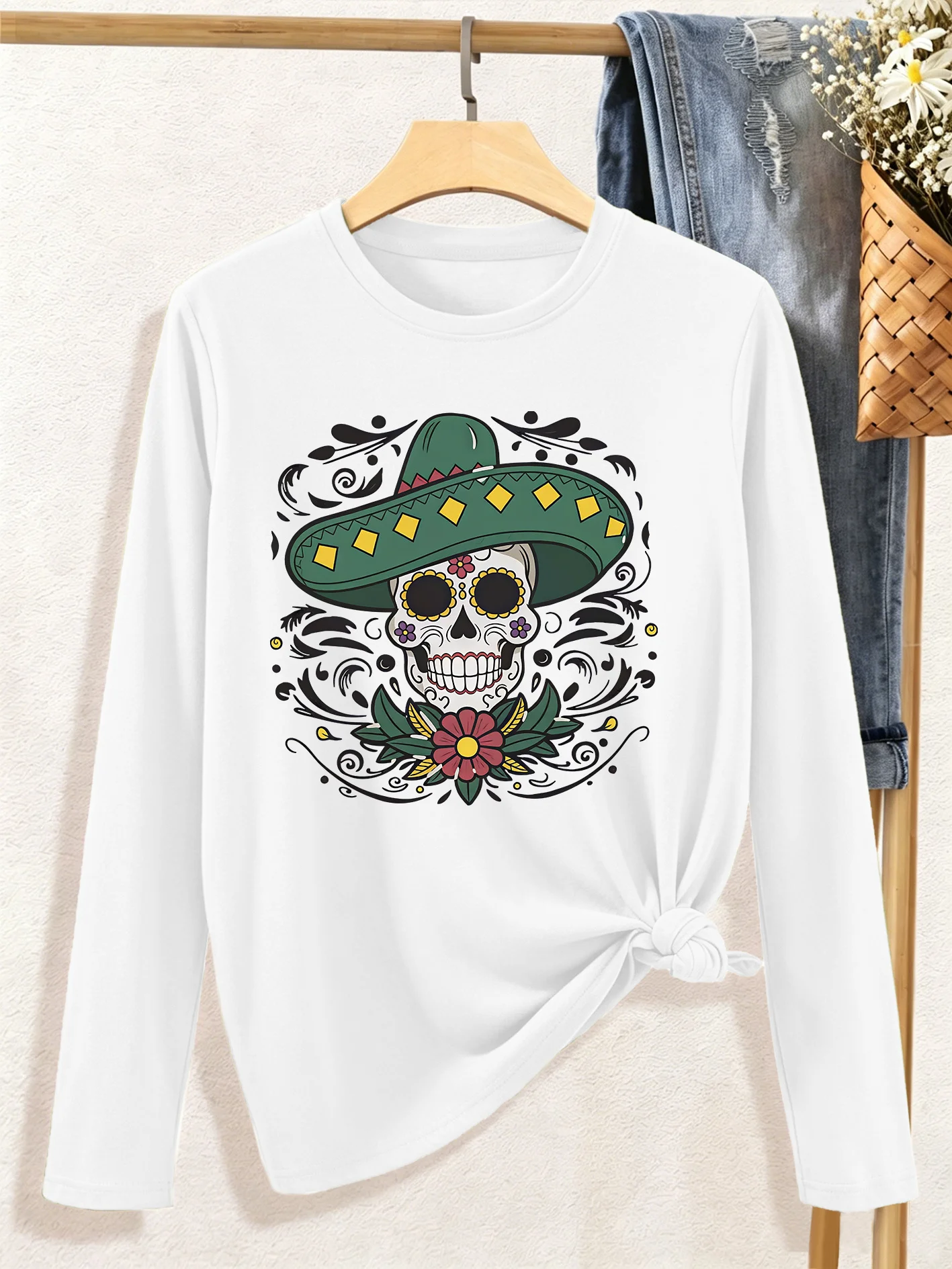 Women'S Wide-Brimmed Straw Hat Skull Floral Cartoon Print Round Neck Long Sleeve T-Shirt Casual Graphic T Shirt Clothes Outfit