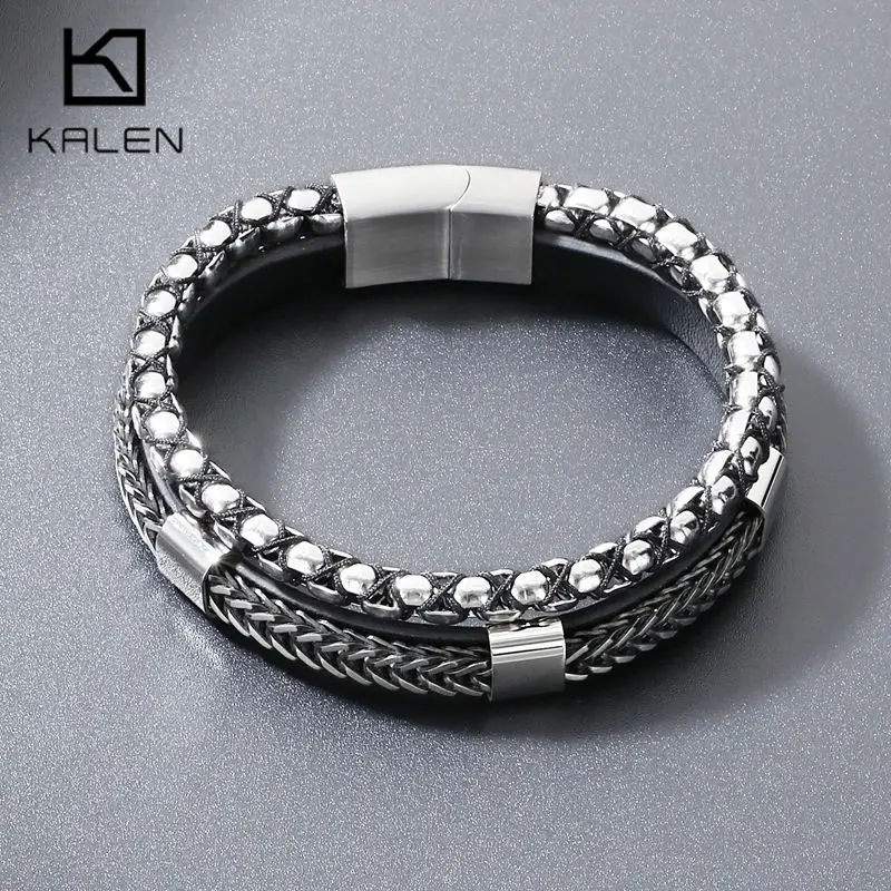KALEN Men's Leather Cord Braided Multi-Layer Stainless Steel Bracelet Cross Chain Magnetic Clasp Cowhide Accessory Trend Jewelry