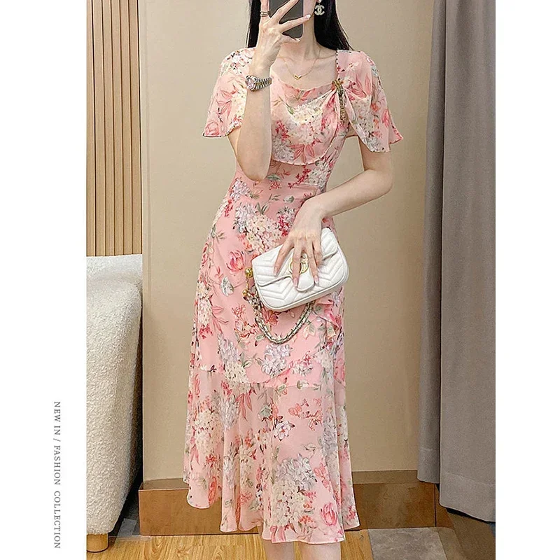 Summer Round Neck Sweet Floral Printing Midi Dress Ladies Short Sleeve Casual Fashion Robe Women Ruffles Vintage Vestidos B221