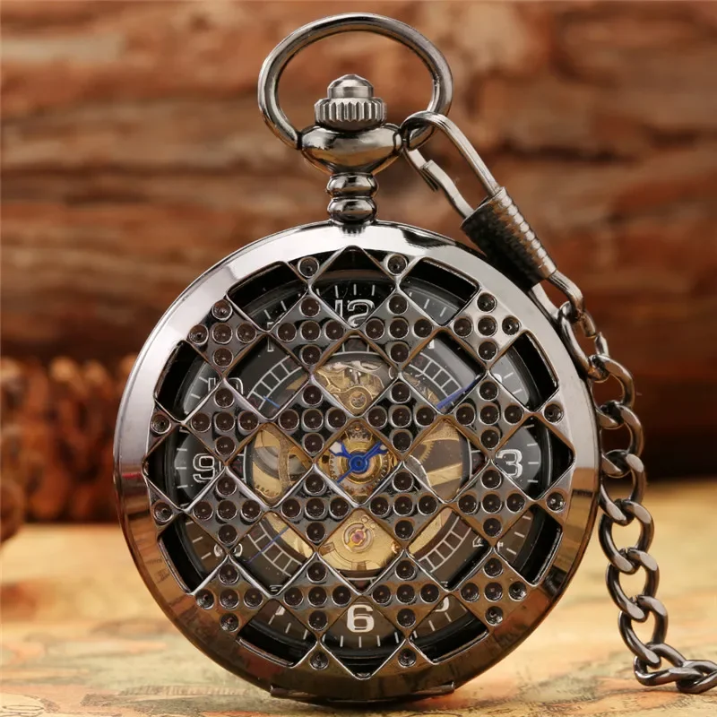 

Steampunk Hollow-out Rhombus Cover Unisex Hand-wind Mechanical Pocket Watch Luminous Hands Arabic Number FOB Chain Gift