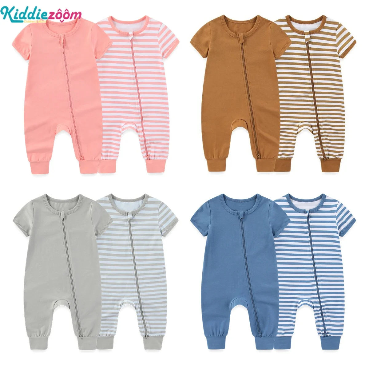 2PCS Newborn Baby Girl Clothes 0-24Months Cotton Rompers Striped 2-Way Zipper Baby Boy Clothes Solid Color Short Sleeve Bebes