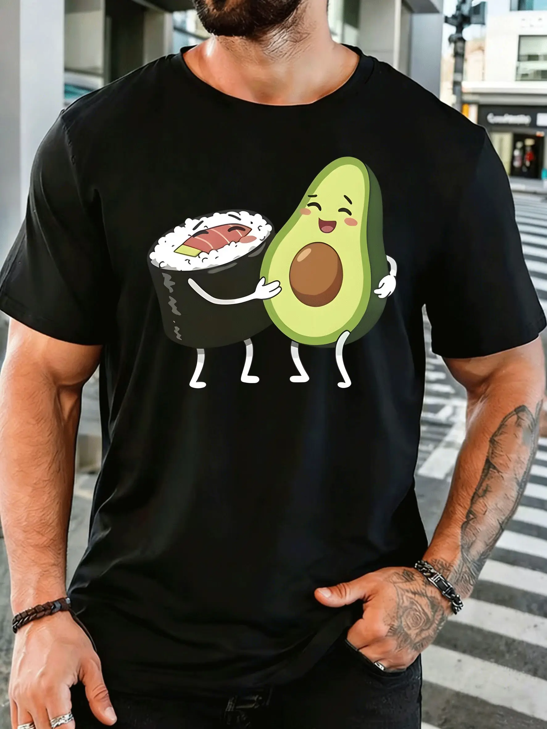 Men Cartoon Avocado Sushi Hug Print T Shirt Short Sleeve Crew Neck Cute Food Graphic Tees Casual Loose Fit Tops For Male Outfit