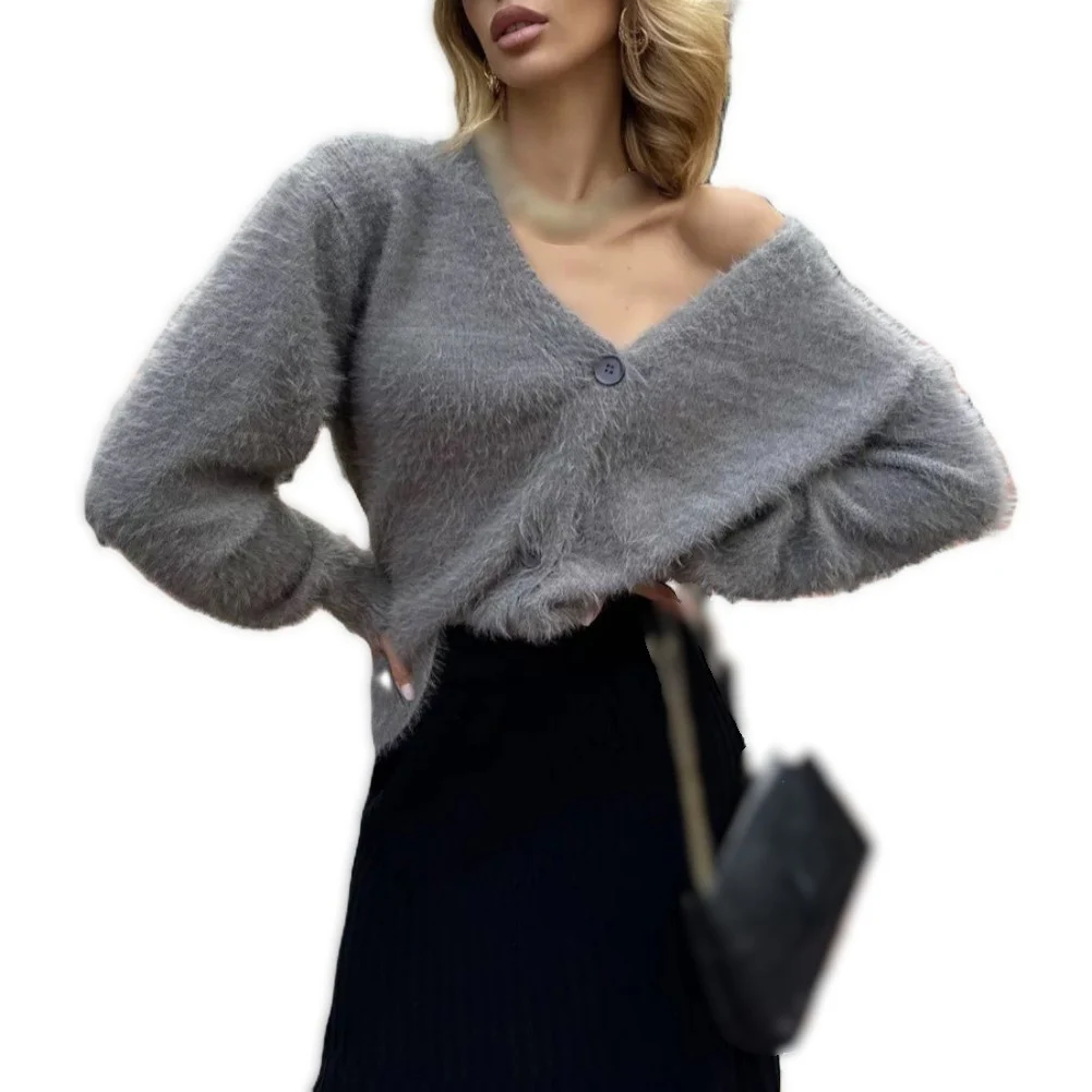 V-Neck Solid Color Knitted Cardigan Coat for Women with Medium Stretch Designed for Autumn and Winter Layering