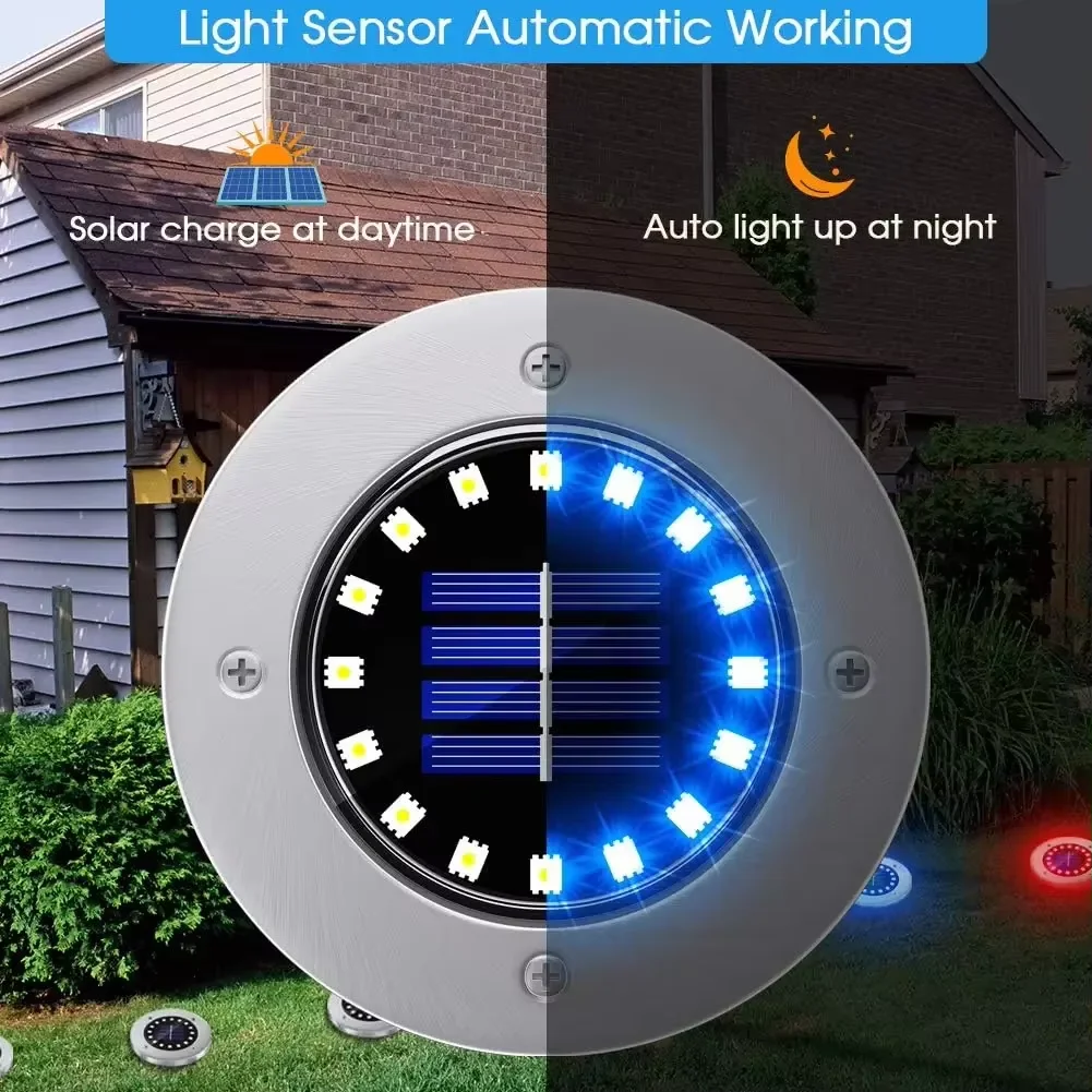 16 LEDs mehrfarbige Solar-Bodenleuchten, Außendekoration, Weihnachts-LED-Leuchten für Garten, Hof, Weg, Auffahrt, Deck, Camping – Detail 4