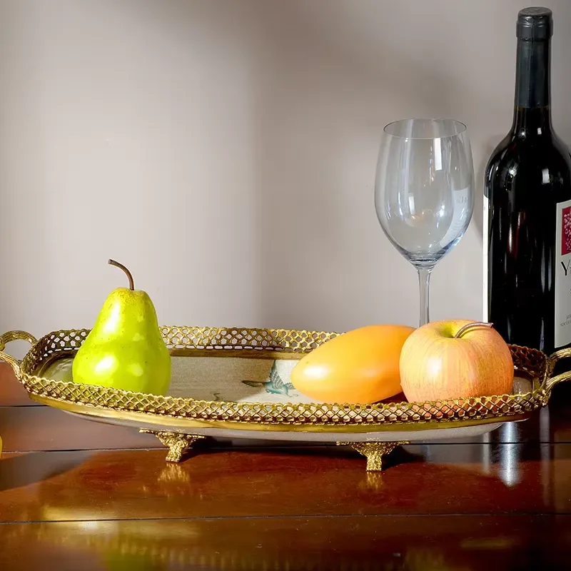 Luxury European Brass Fruit Tray Large Peacock Design Ceramic Home Decor Retro Villa Living Room Ornament High Quality