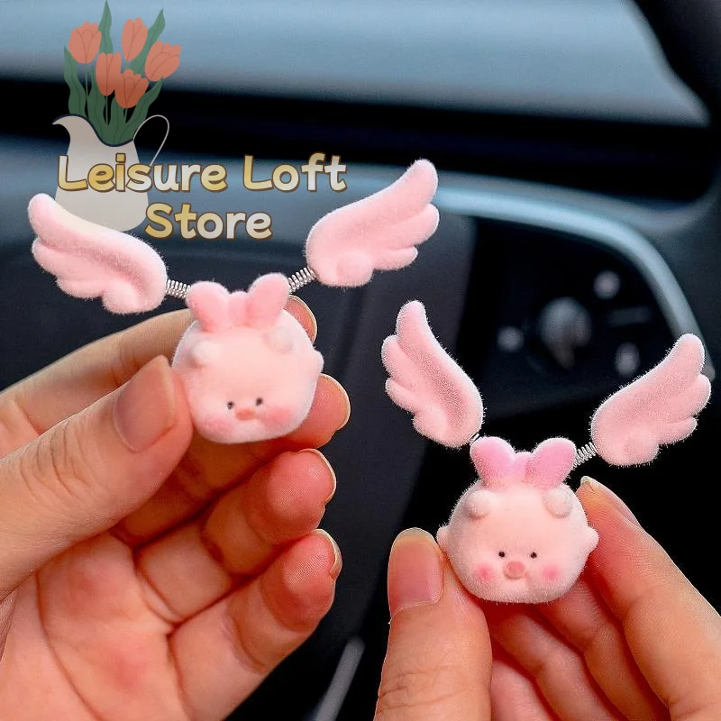 Cartoon Fluffy Pig Ornament with Wiggly Pink Wings Creative Small Decor for Car Dashboard Office Desk Party Favor