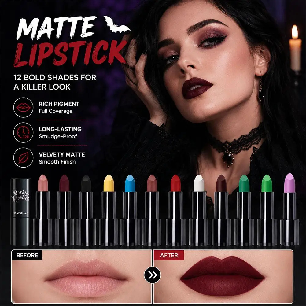 Halloween Dark Night Lipstick Waterproof and Long-lasting Black Dark Purple Matte Lipstick Makeup Lip Cosmetics