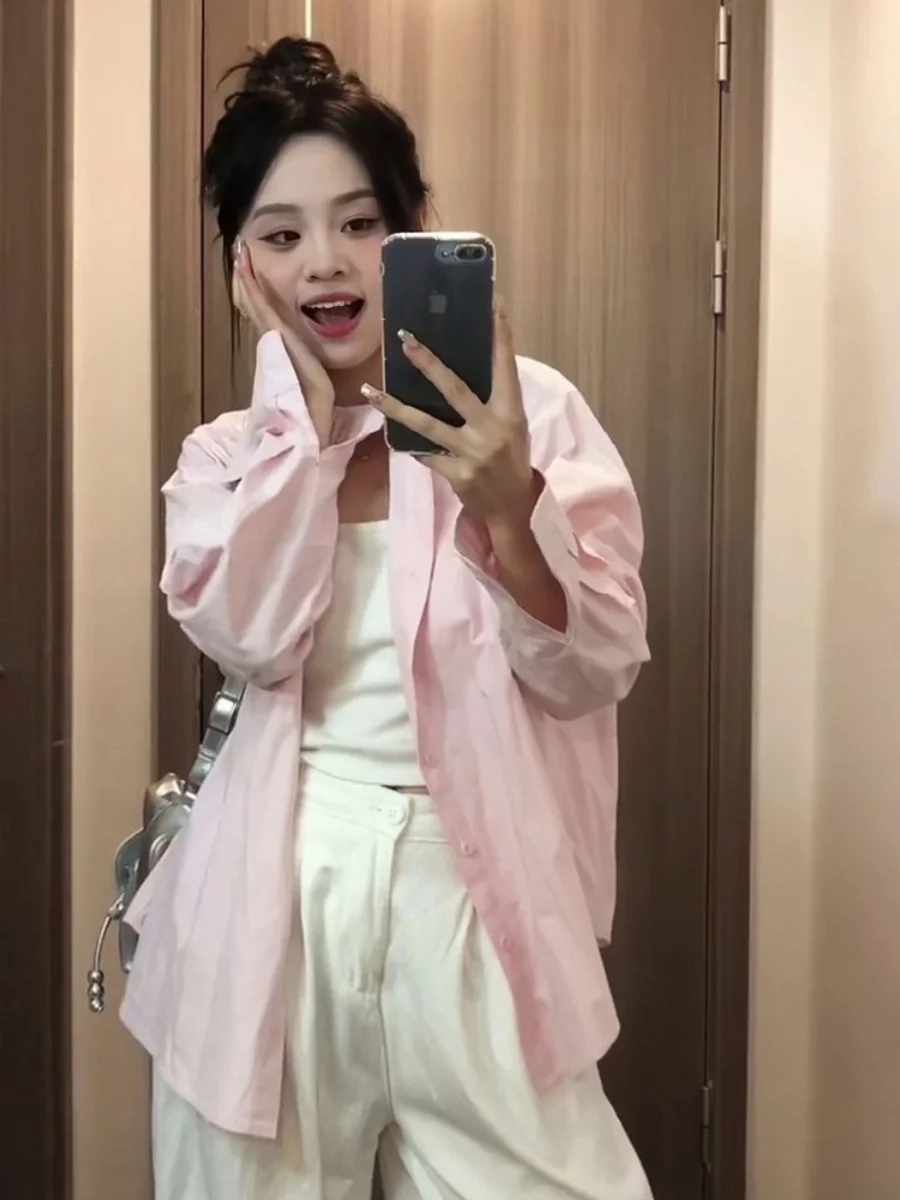 

Pink Loose Casual Long Sve irt Jaet Women's Summer Lightweight Design Sense ular Thin Sle Commute Faion
