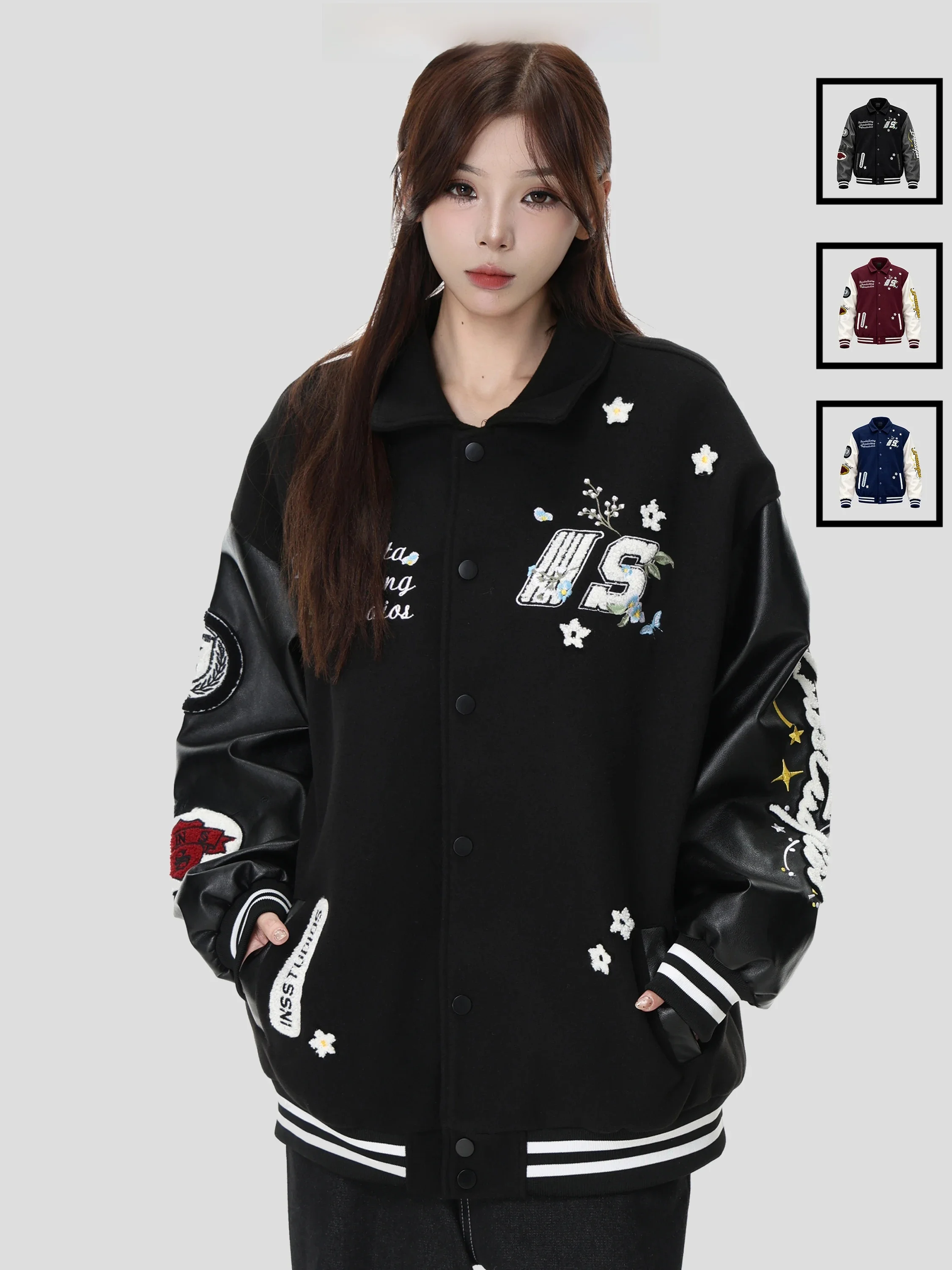 Loose Fit Baseball Jacket with Towel Embroidery Floral Print Collar INSstudios American Retro Style Youth Fashion Polyester F...