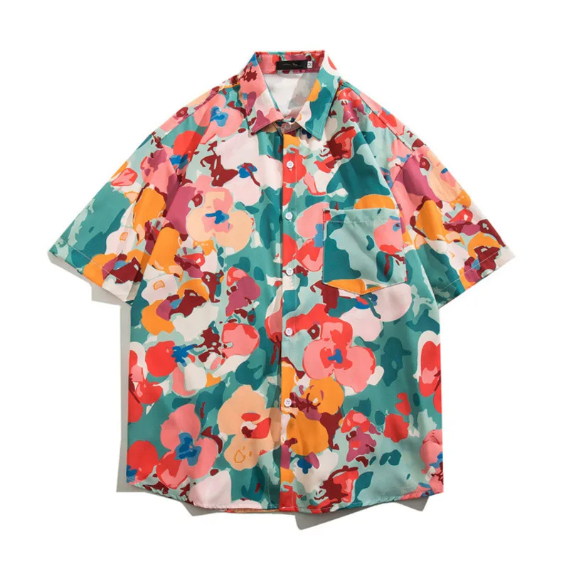 

Men Hawaiian Beach Short Sleeve Shirts Retro Floral Print Casual Summer Button Up Blouses Hong Kong Style Ins Shirt Streetwear