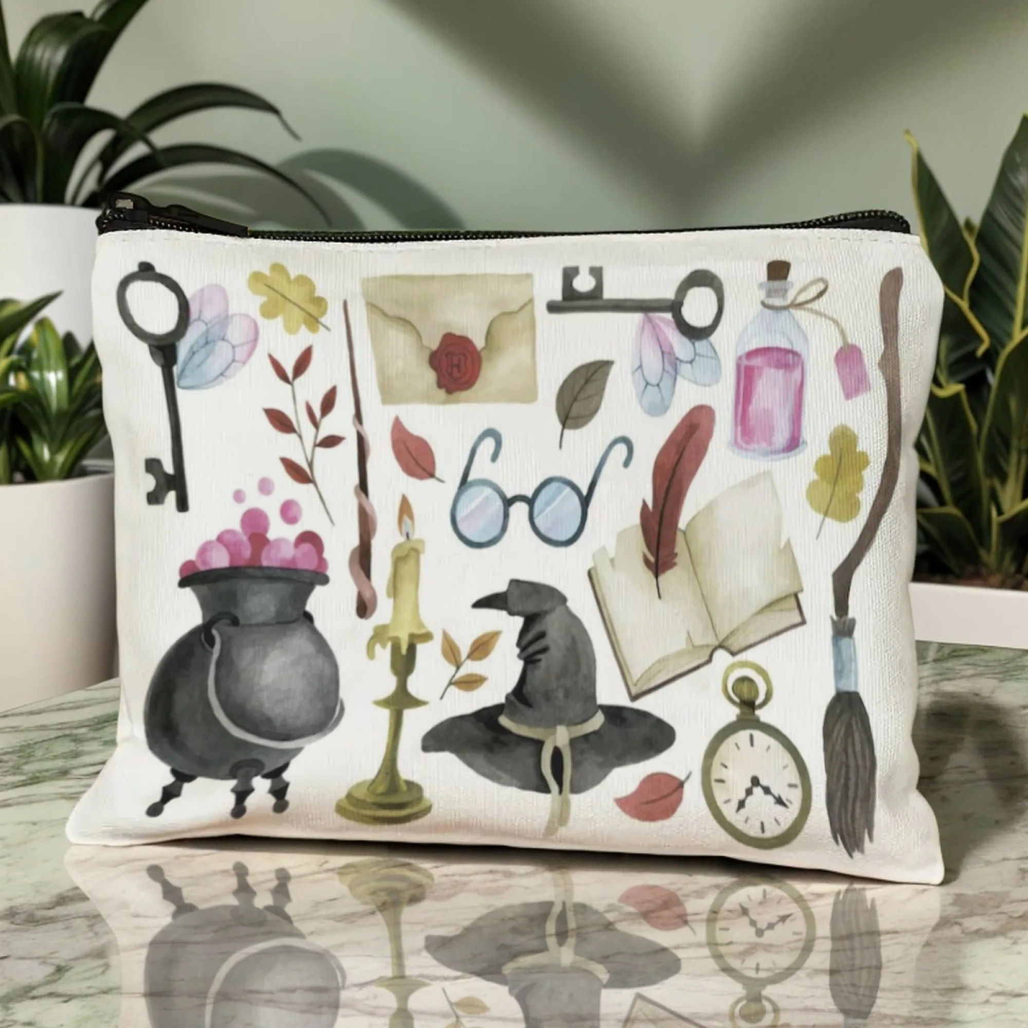 Tas Kosmetik Ajaib Fantasi Elemen Sihir Kolase Kanvas Tahan Lama untuk Pesta Halloween & Pertemuan Bertema Mantra Suvenir