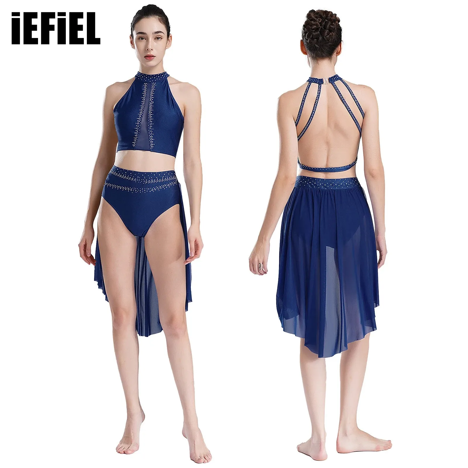 

Womens Lyrical Dance Sets Costume Dancewear Shiny Rhinestones Backless Sleeveless Crop Top with Flowy Skirted Briefs