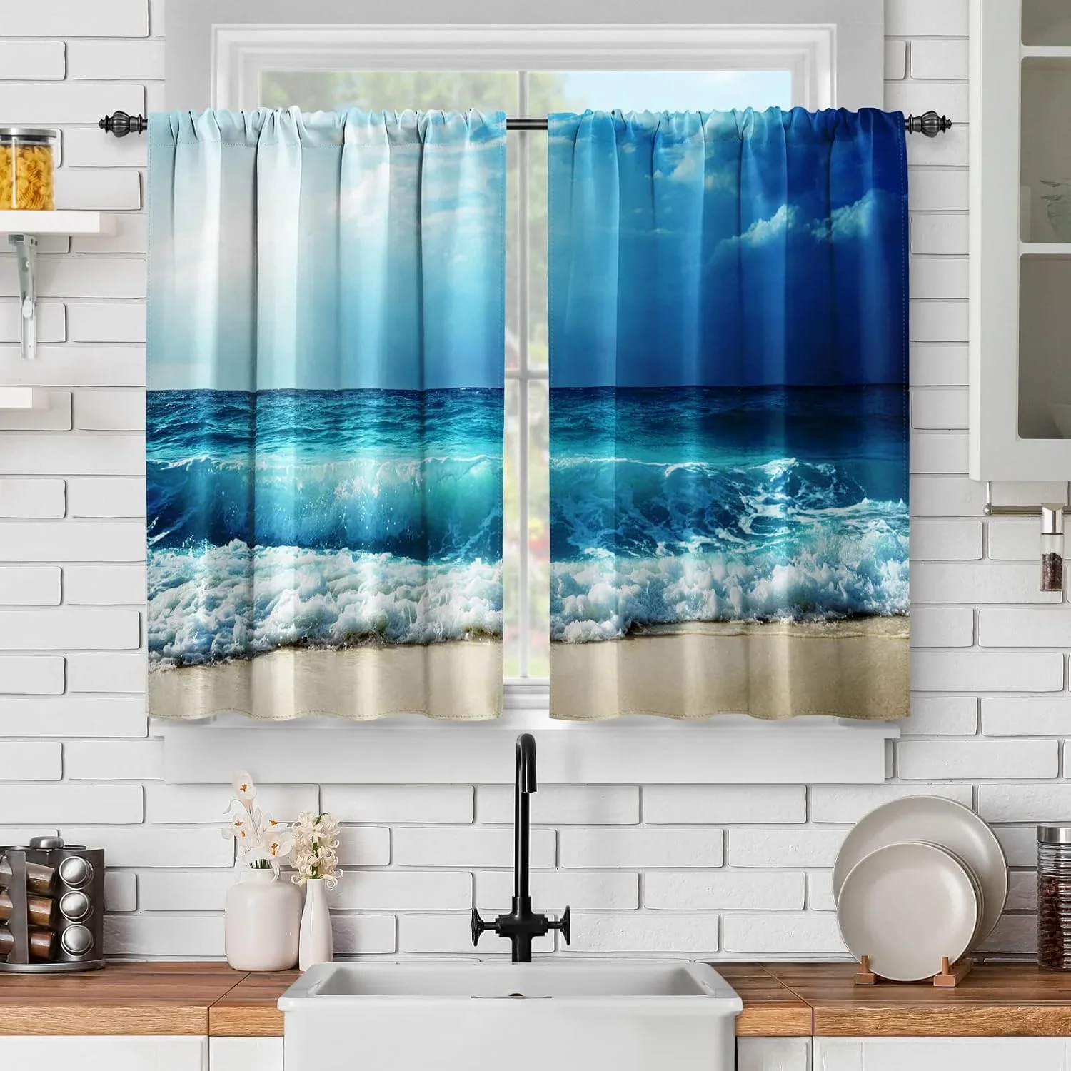 3D Print Blue Beach Sea and Natural Forest Drapes Window Curtain Bedroom Decorative Curtain 2 Panel for Living Room