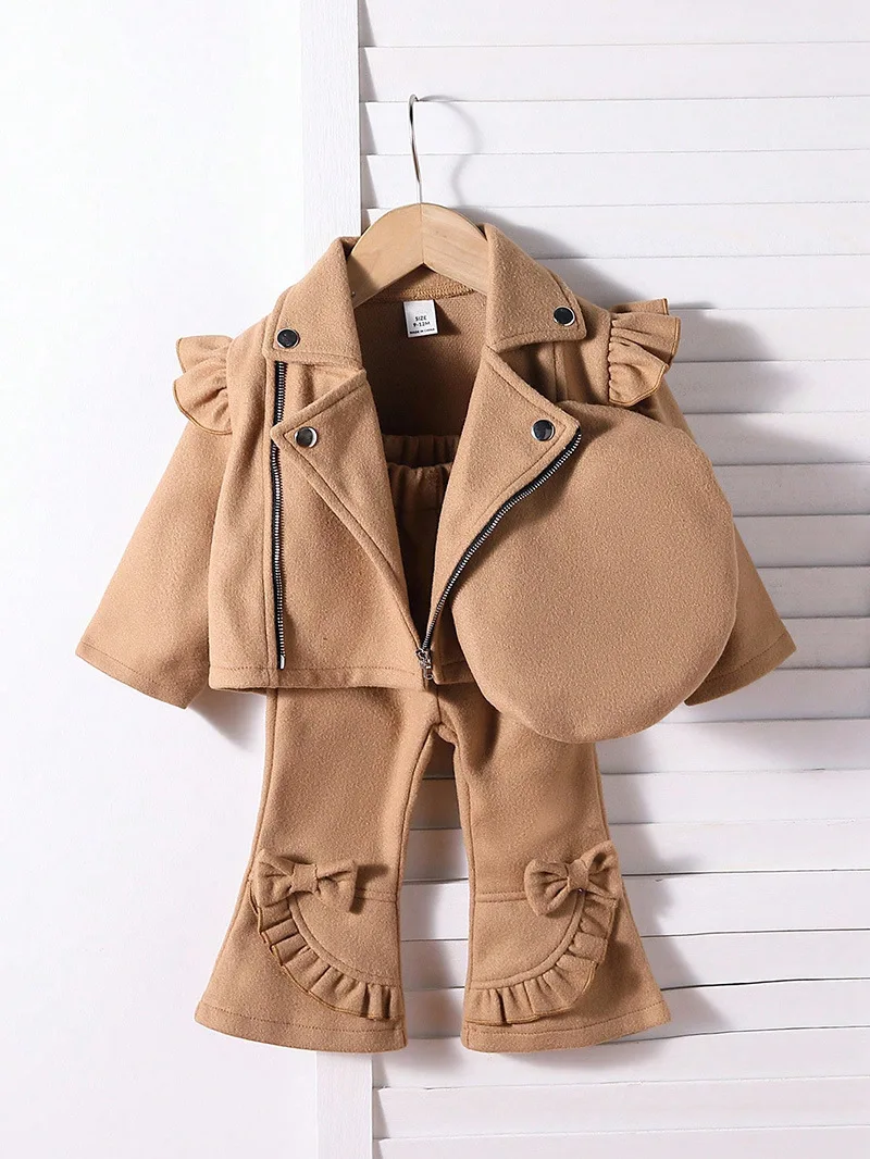 

Autumn Hot Selling Casual Style Girls' Clothing Set Fashion Khaki Lapel Flying Sleeve Cardigan Jacket Pants Children's Clothing