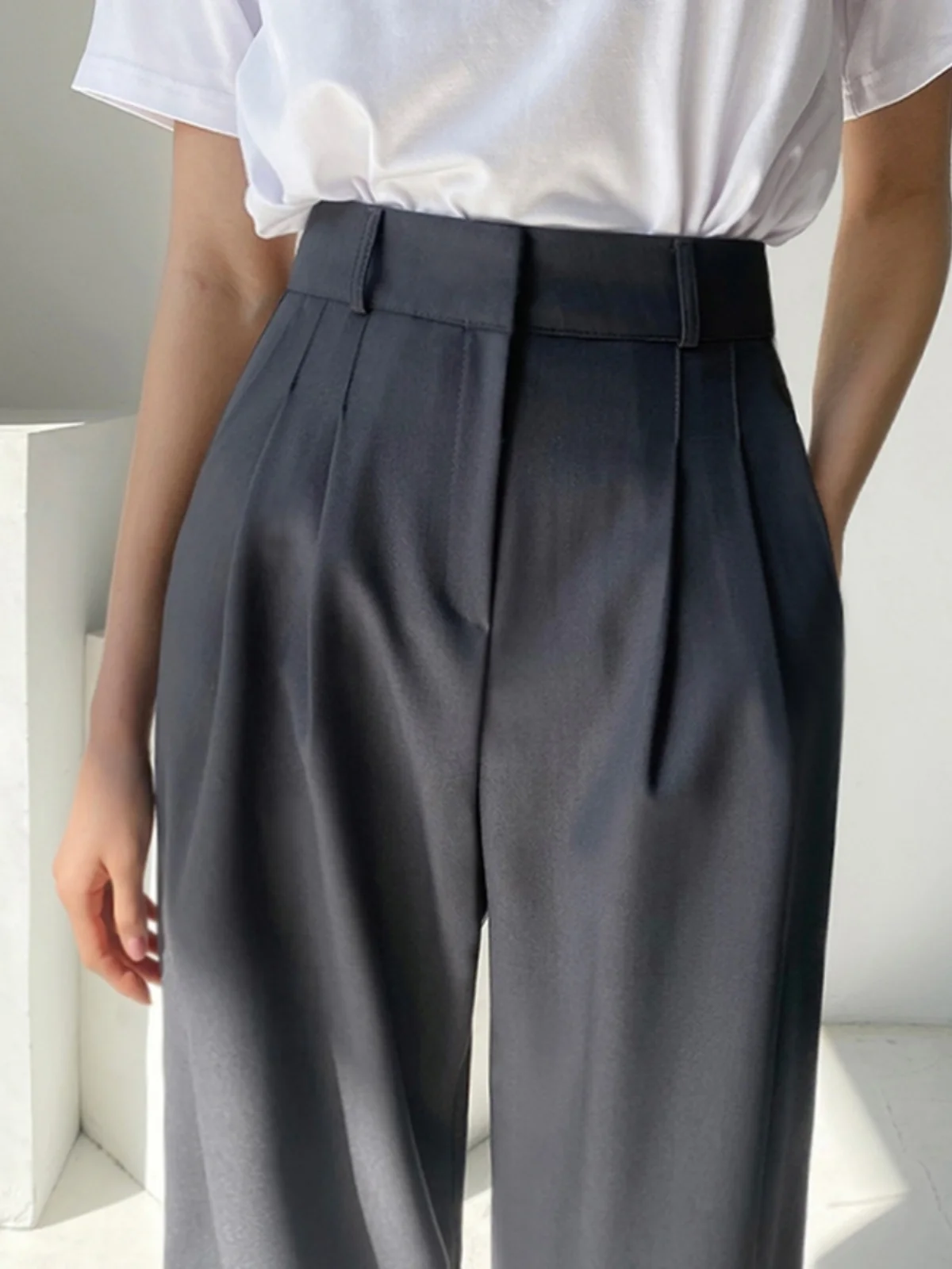

Ice Silk High Waist Wide Leg Pants Women's Summer Thin Straight Casual Pants Asymmetrical Design Comfortable High-End Feel