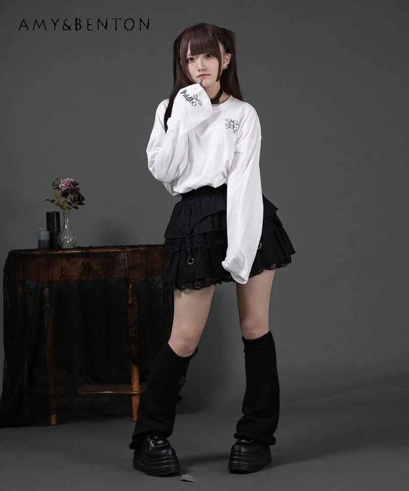 

Japanese Subculture Cartoon Rabbit Print Long Sleeve Cotton T-Shirt Mass-Produced Mine Series Oversized Gothic Mid-Length Top