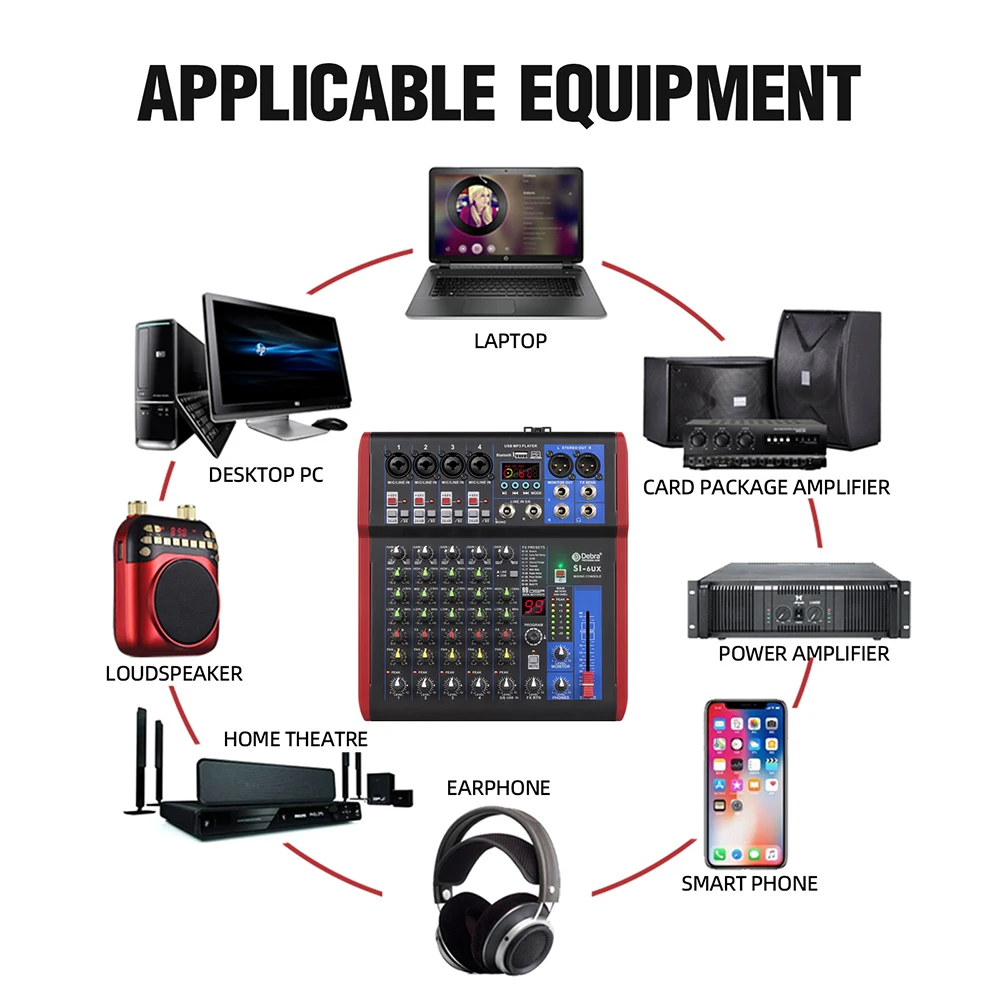 4 6 tragbarer 8-Kanal-Audiomischer, 99 DSP-Digital effekte, Bluetooth 3. 0 USB-Tuner für DJ-Konsolen, Karaoke, Musik festivals