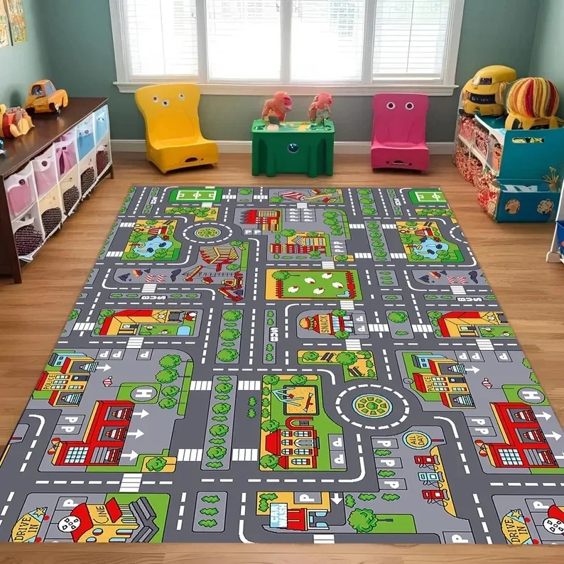 Car Play Mat for Boys and Girls Highway City Traffic-Themed Rugs for Kids Toy Cars Kids Rugs for Playroom Non-Slip Kids Play Rug