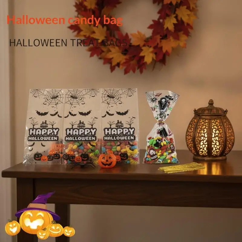 50 Pcs Plastic Halloween Candy Bags Transparent Gift Pouches for Kids Trick or Treat Halloween Party Decor Supplies