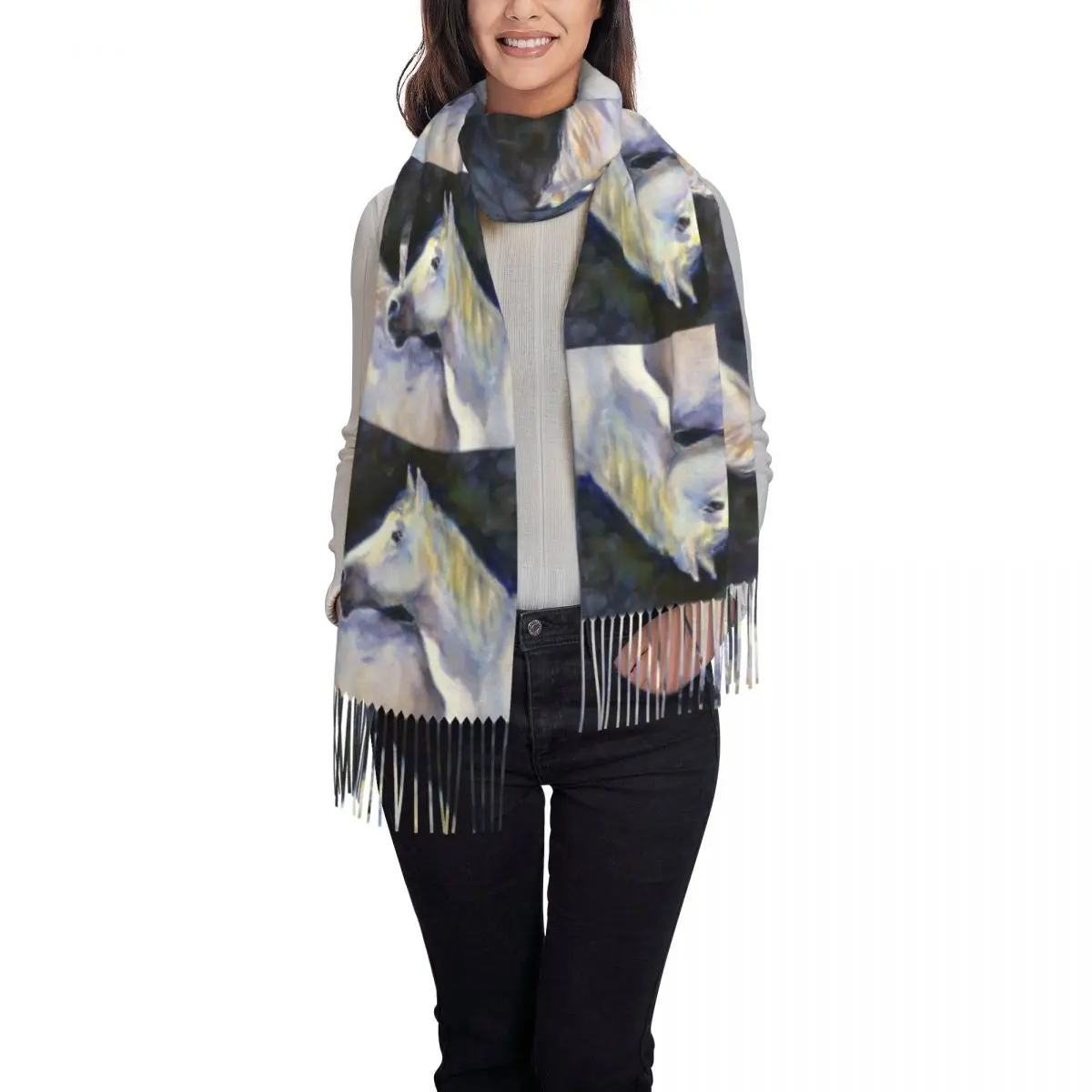 Double Horse Portrait Design Scarf Tassel Scarves Women Soft Warm Shawls and Wraps Long Fall Winter Shawl Wrap
