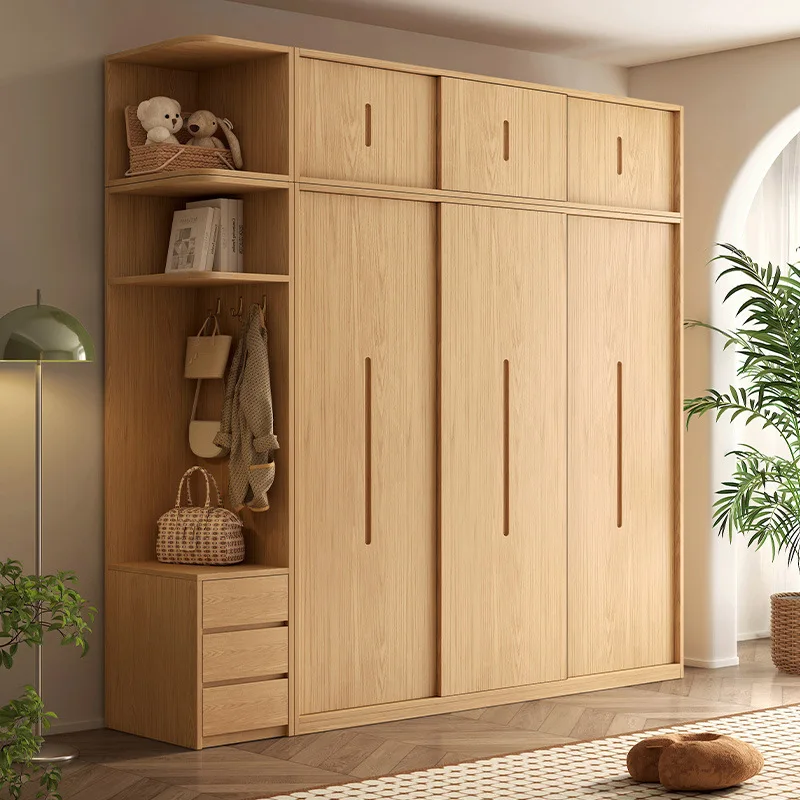 All solid wood wardrobe Modern simple oak sliding door wardrobe Multi-size optional log color bedroom