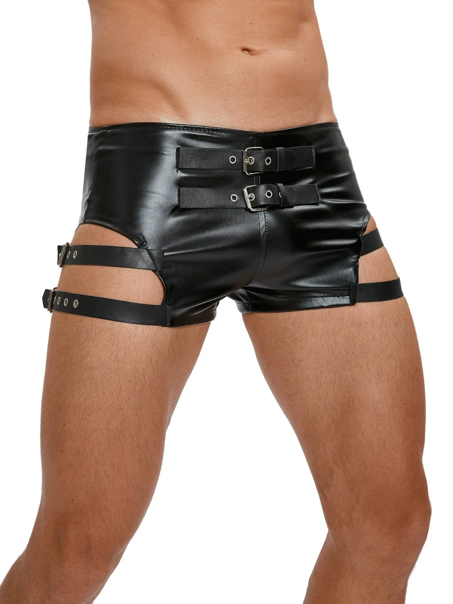 Fashion PU Leather Men's Shorts Low Waist Bandage Hollow Out Sissy Wear Shorts Elastic Shaping Stage Shorts Dance Jeans Plus