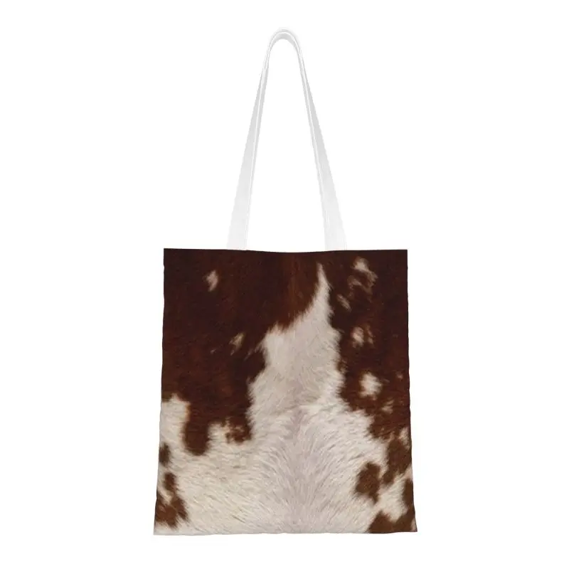 Brown Calf Cowhide Shopping Tote Bags Recycling Animal Skin Fur Leather Texture Printing Canvas Grocery Shoulder Shopper Bag